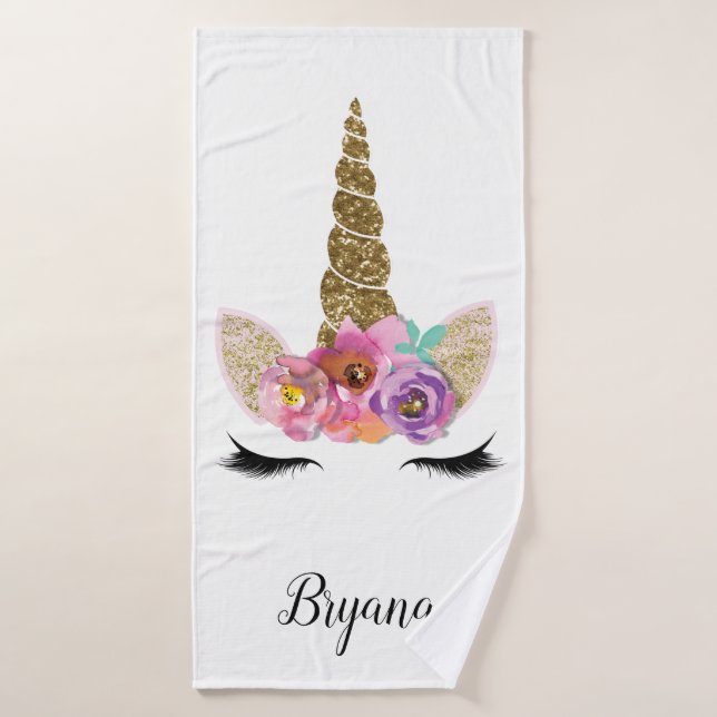 Floral Unicorn Gold Glitter Girly Girls Sparkle Bath Towel Set (Bath Towel)