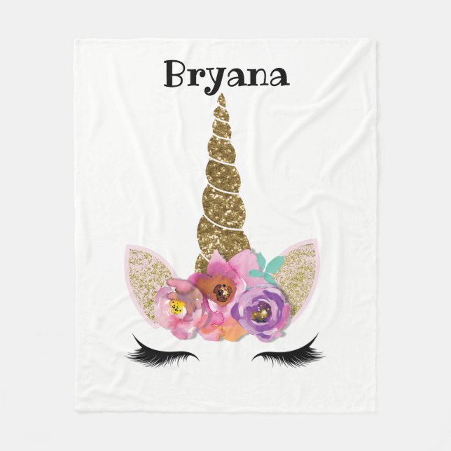 Floral Unicorn Gold Glitter Girly Girls Sparkle Fleece Blanket (Front)