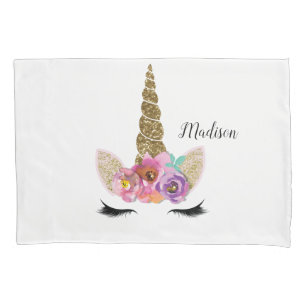 Floral Unicorn Gold Glitter Girly Girls Sparkle Pillowcase