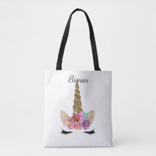 Floral Unicorn Gold Glitter Girly Girls Sparkle Tote Bag