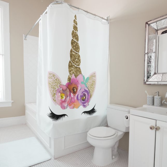 Floral Unicorn Gold Glitter Glam Girls Sparkle Shower Curtain (In Situ)