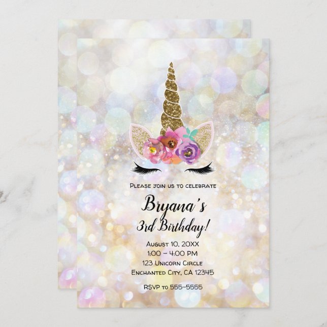 Floral Unicorn Horn Cosmic Glitter Birthday Party Invitation (Front/Back)