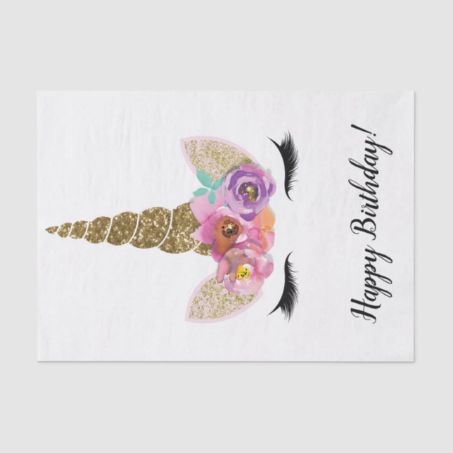 Floral Unicorn Horn Gold Glitter Birthday Party Tissue Paper (Front)