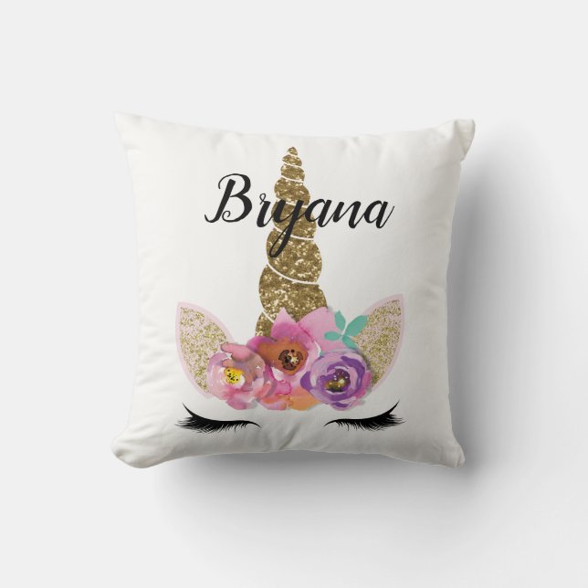 Floral Unicorn Horn Modern Girly Glam Sparkle Cushion (Front)