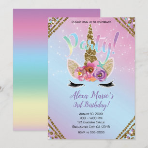 Floral Unicorn Horn Rainbow Sparkle Birthday Party Invitation