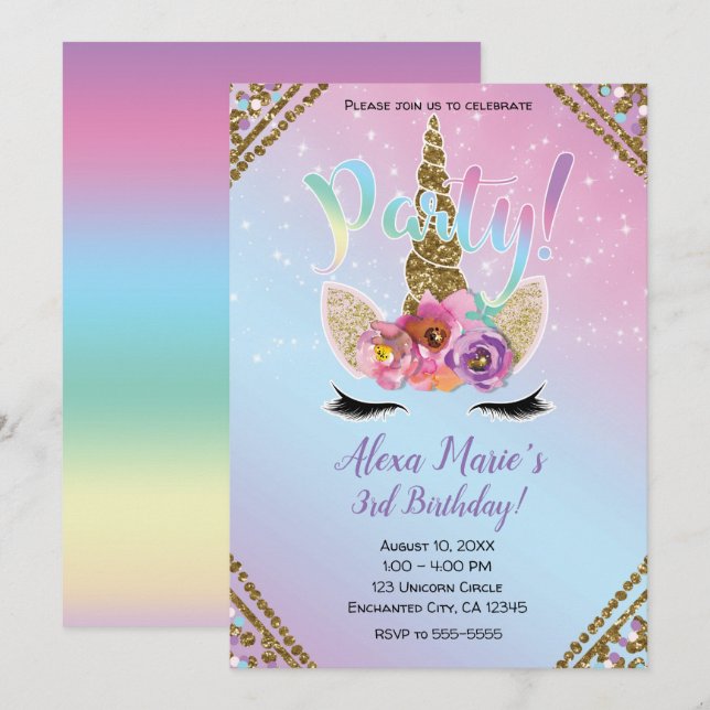 Floral Unicorn Horn Rainbow Sparkle Birthday Party Invitation (Front/Back)