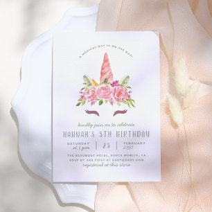 Floral Unicorn Modern Girls Birthday Party Invitation