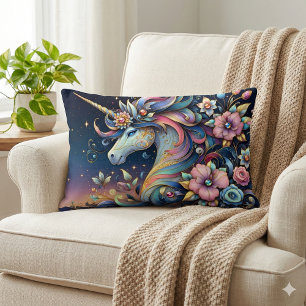 Floral Unicorn Night Fantasy Lumbar Cushion