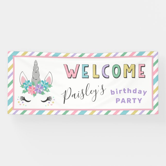 Floral Unicorn Pastel Birthday Party Welcome Banner (Horizontal)