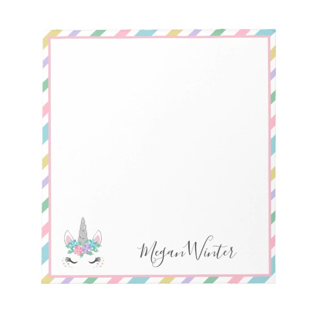 Floral Unicorn Pastel Stripes - Add Your Name Notepad (Front)