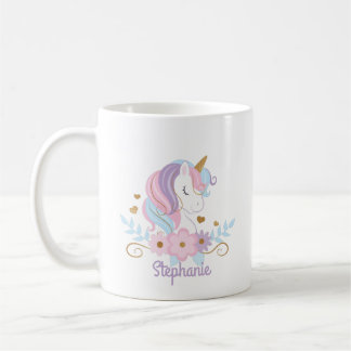 Floral Unicorn Personalised Name Cute Coffee Mug