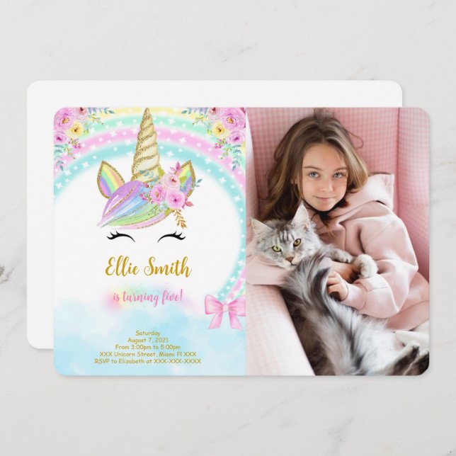 Floral Unicorn Photo Invitation (Front/Back)