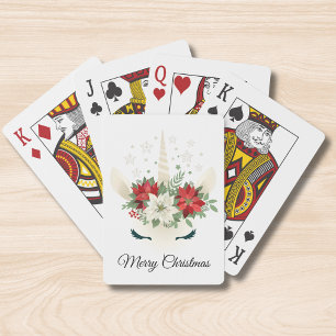 Floral Unicorn Poinsettia Merry Christmas Playing Cards