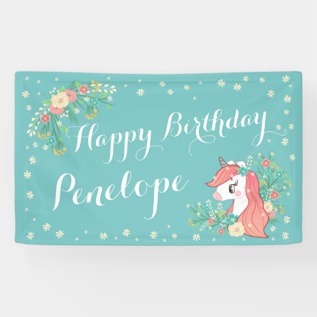Floral Unicorn Turquoise Happy Birthday Custom Nam Banner (Horizontal)