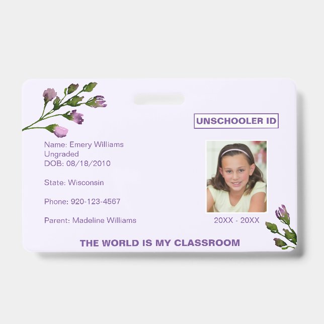 Floral Unschooling Homeschooling Badge ID Badge (Front)