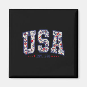 Floral Usa Retro America 4th Of July Patriotic Gir Magnet