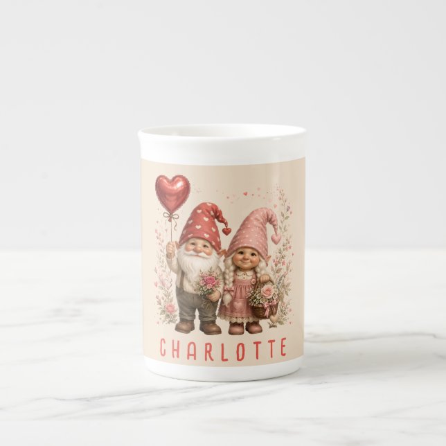 Floral Valentine Gnomes Custom Bone China Mug (Front)