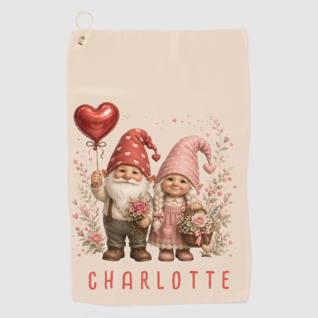 Floral Valentine Gnomes Custom Golf Towel (Front)