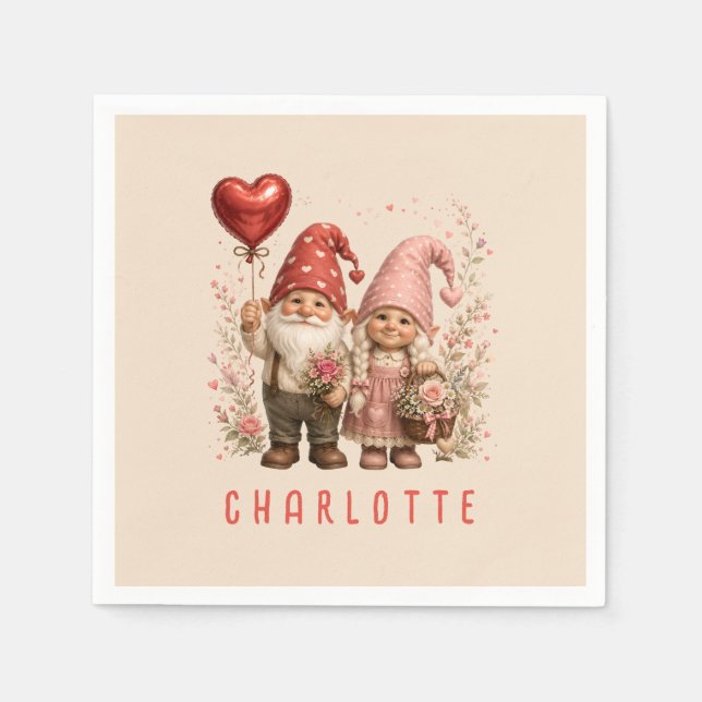 Floral Valentine Gnomes Custom Napkin (Front)