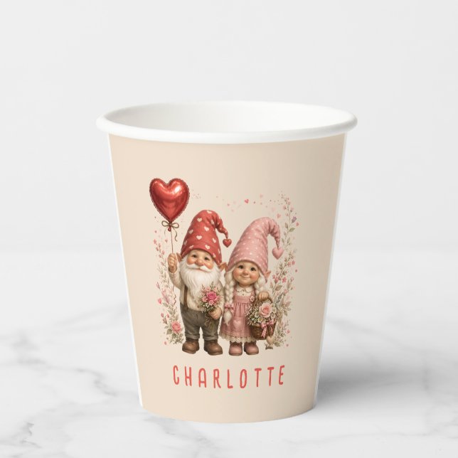 Floral Valentine Gnomes Custom Paper Cups (Front)