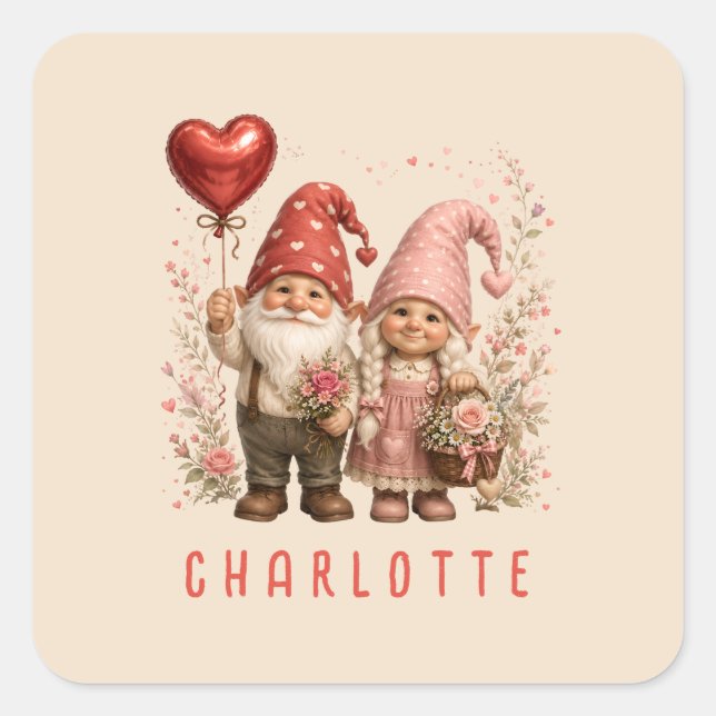 Floral Valentine Gnomes Custom Square Sticker (Front)