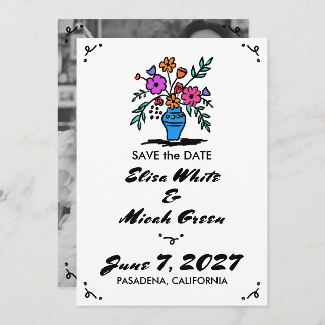 Floral Vase Rustic Whimsical Cute Sketch B&W Photo Save The Date (Front/Back)