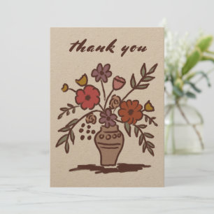 Floral Vase Rustic Whimsical Sketch Neutral Kraft Thank You Card