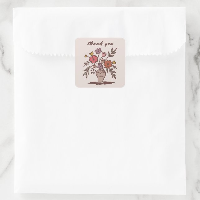 Floral Vase Rustic Whimsical Sketch Thank You  Square Sticker (Bag)
