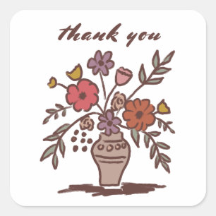 Floral Vase Rustic Whimsical Sketch Thank You  Square Sticker
