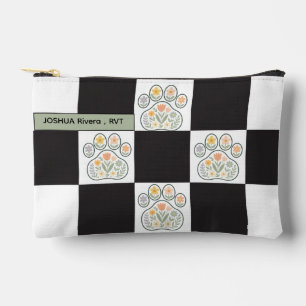 Floral Veterinary Paw Print Chequerboard Name Accessory Pouch