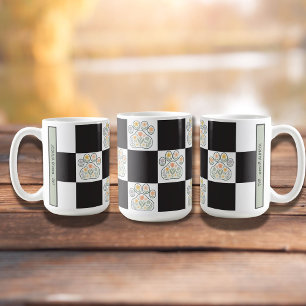Floral Veterinary Pawprint chequerboard Name Coffee Mug