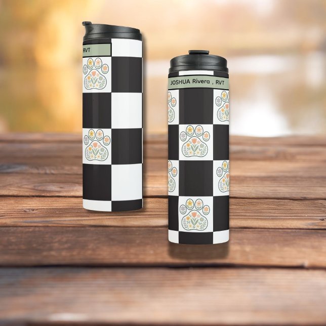 Floral Veterinary Pawprint chequerboard Name Thermal Tumbler (Creator Uploaded)