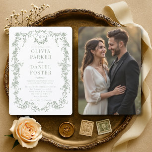 Floral Victorian French Sage Green Photo Wedding Invitation