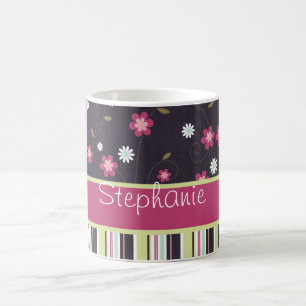 Floral Vine and Stripes Personalised Coffee Mug