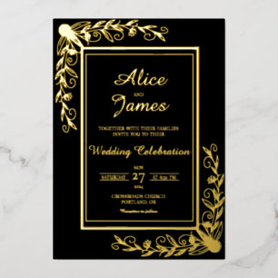 Floral Vine Corner Elegant Black Gold Foil Wedding
