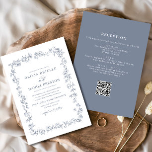 Floral Vintage All in One Dusty Blue Wedding Invitation