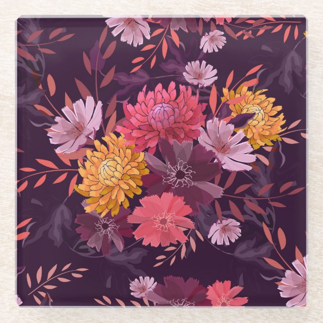 Floral Vintage: Autumn Garden Splendour Glass Coaster (Front)