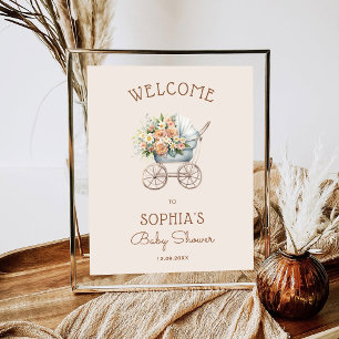 Floral Vintage Baby Carriage Baby Shower Welcome Poster