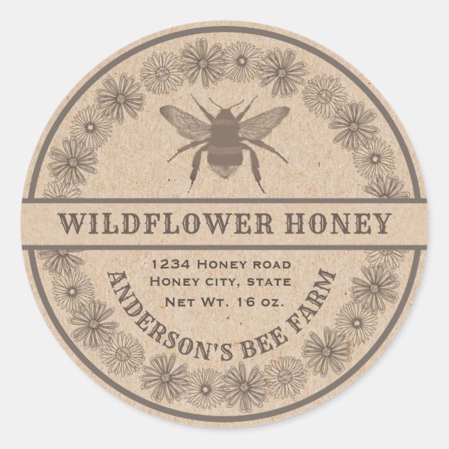 Floral vintage bee Kraft honey jar label (Front)