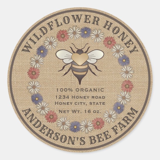 Floral vintage bee linen honey jar label (Front)