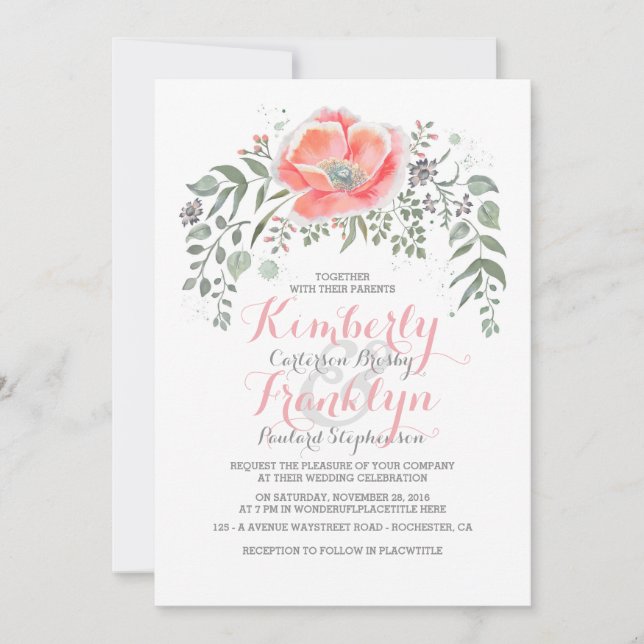 Floral Vintage Boho Pink Wedding Invitation (Front)