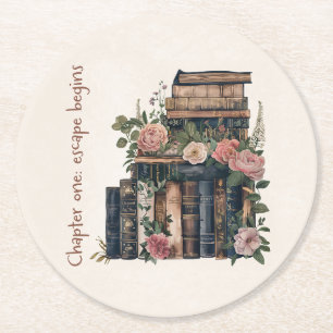 Floral Vintage Book Stack Round Paper Coaster