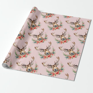 Floral Vintage Christmas Reindeer Wrapping Paper