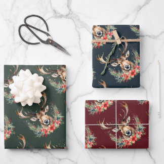 Floral Vintage Christmas Reindeer  Wrapping Paper Sheet