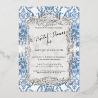 Floral Vintage Elegant Blue Silver Bridal Shower