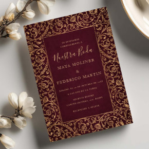 Floral Vintage Gold Burgundy Nuestra Boda Wedding Invitation