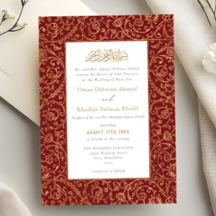 Floral Vintage Gold & Red Islamic Muslim Wedding Invitation