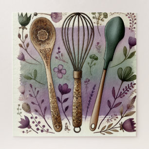 Floral Vintage Kitchen Utensils Cottagecore Art Jigsaw Puzzle