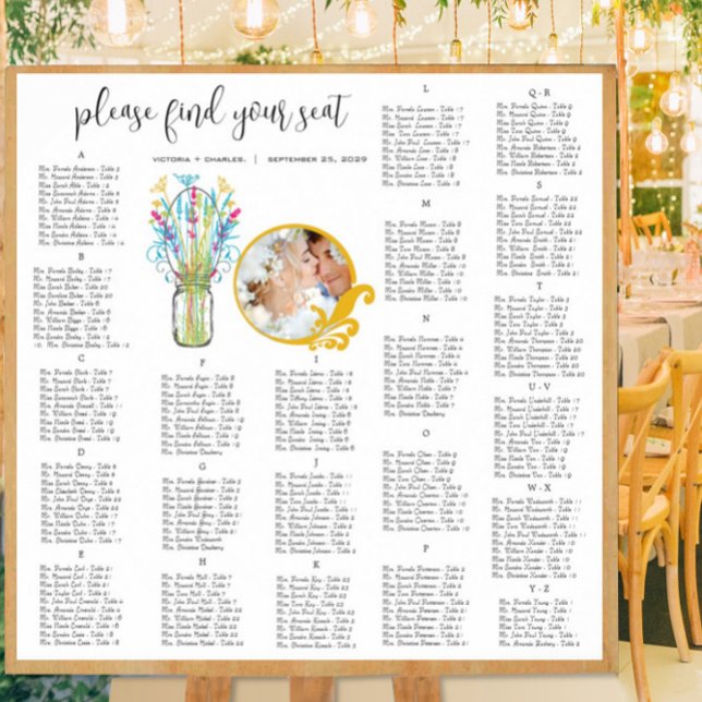 Floral Vintage Modern Mason Jar Seating Chart (To see frame and mat pricing,  please choose your options.)