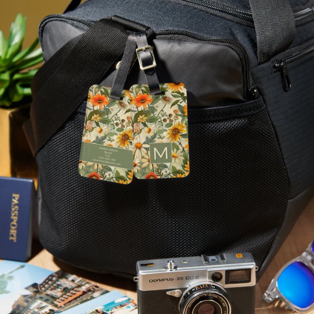 Floral Vintage Monogram Luggage Tag (Front & Back)